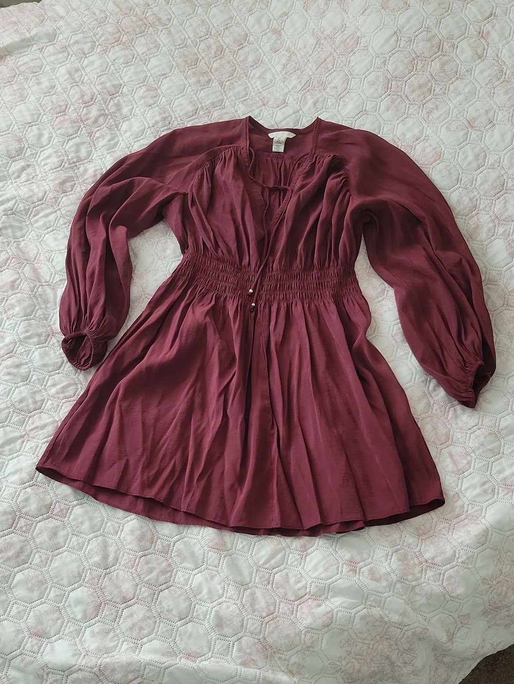 H&M Burgundy Long Sleeve Smock Waist Mini Dress